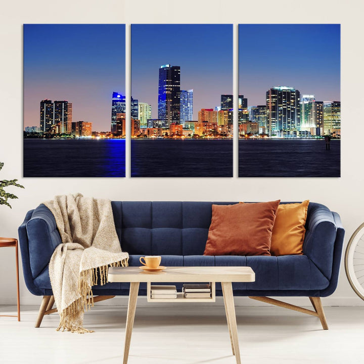 Miami City wall art canvas print showcasing a city skyline at dusk. Crafted on museum-quality canvas and designed to be ready to hang, it offers effortless elegance for your interior decor.