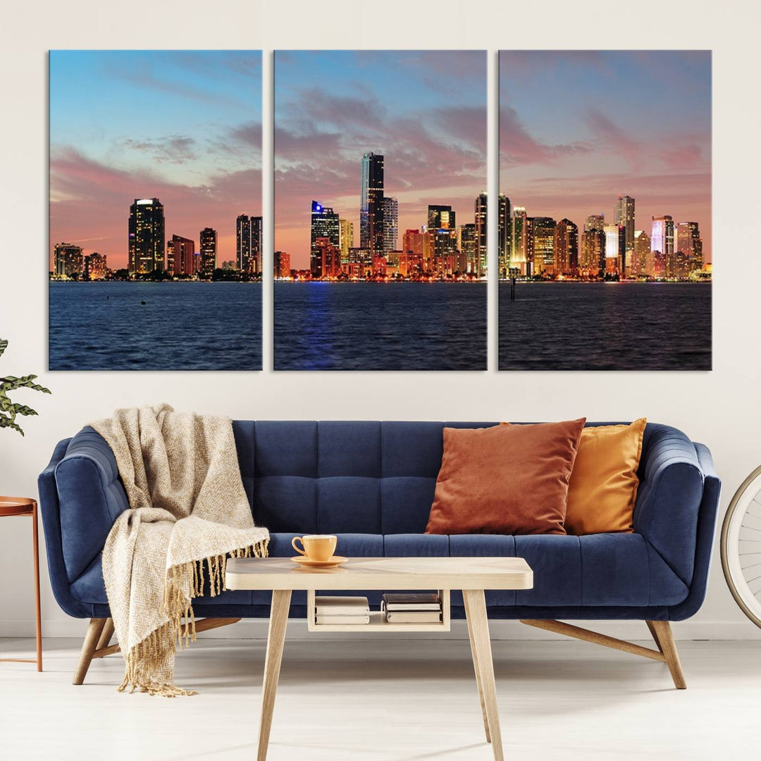 The Wall Art MIAMI Canvas Print emphasizes a vibrant cityscape at sunset. This artwork is presented on museum-quality canvas with gallery-wrapped edges, ensuring it stands out while maintaining its pristine condition for years to come.