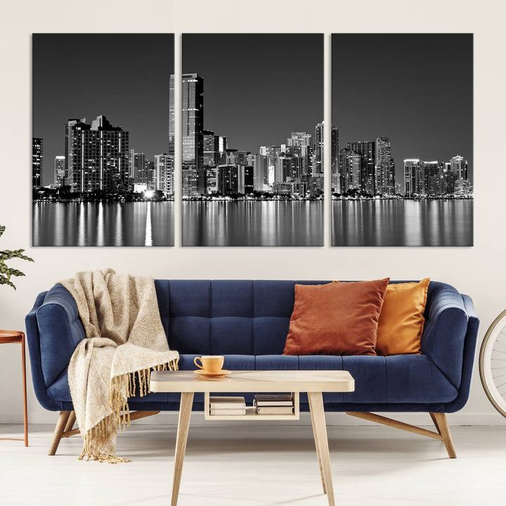 The Miami City Wall Art Canvas Print, a stunning triptych of the Miami skyline, elegantly hangs in this modern living room.