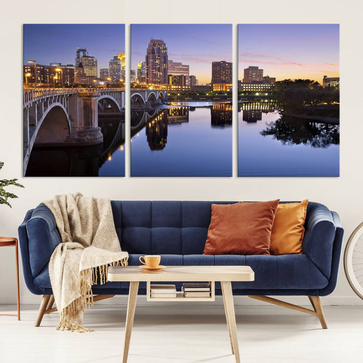 Display the Minneapolis Wall Art Canvas Print, featuring the Minnesota cityscape at dusk, on gallery-wrapped, museum-quality canvas.