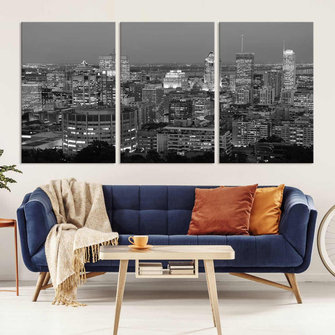 The gallery-wrapped, museum-quality canvas print features the Montreal Canada City Wall Art, showcasing a cityscape at night in black and white.