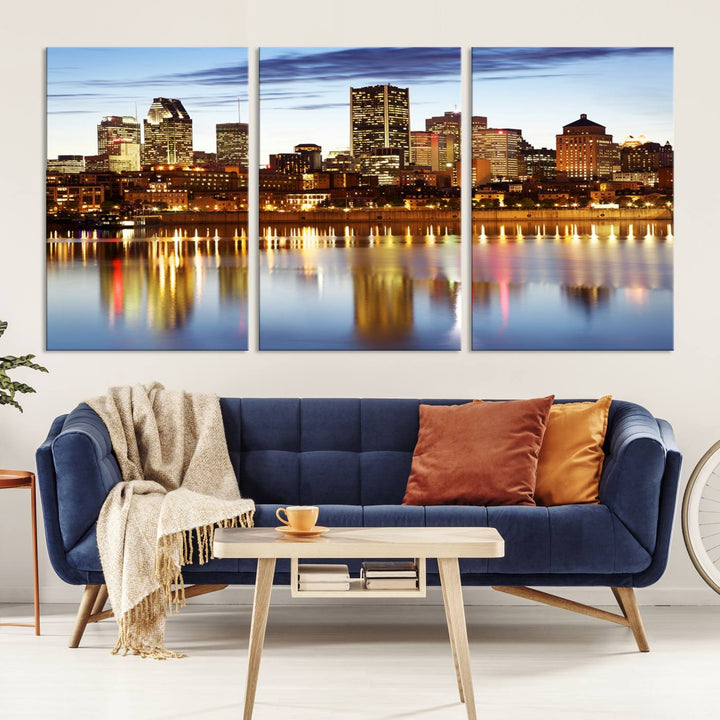 A Montreal Canada City Wall Art Canvas Print, depicting the cityscape at dusk and reflecting in calm waters, is crafted with museum-quality canvases and a UV-protective coating. This remarkable piece guarantees vibrant colors that remain stunning and ready to hang for years to come.