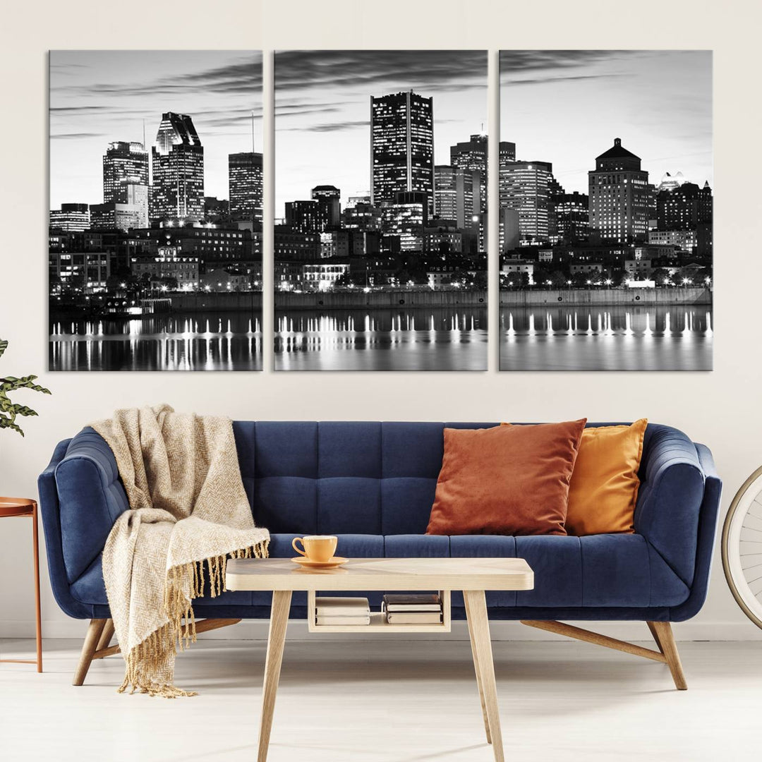 The contemporary living room features the Montreal Canada City Wall Art Canvas Print, an elegantly gallery-wrapped triptych on museum-quality canvas, prominently hung above.