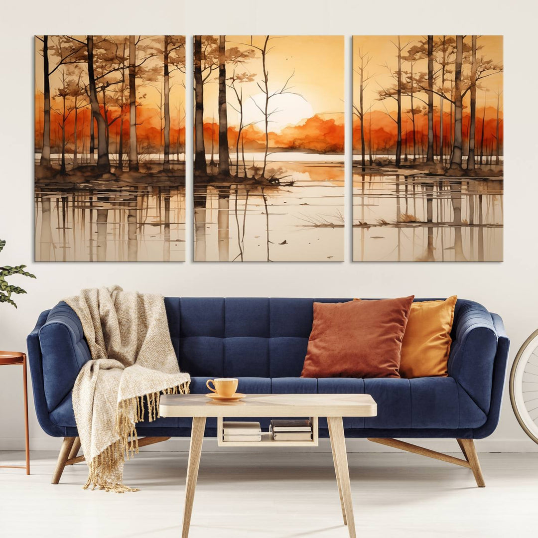 An Abstract Watercolor Trees and Sunset on Lake Wall Art Canvas Print, created on museum-quality canvas.