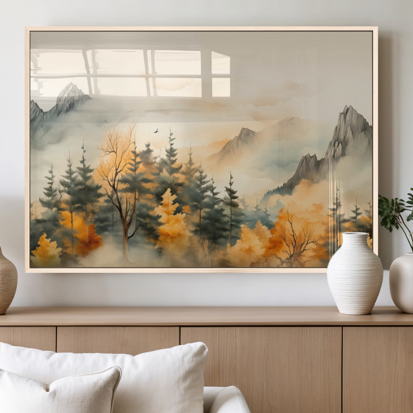 MGV-FP-36X24-3P - Abstract Watercolor Mountains and Trees Autumn Art, Watercolor Mountains and Trees Canvas Print