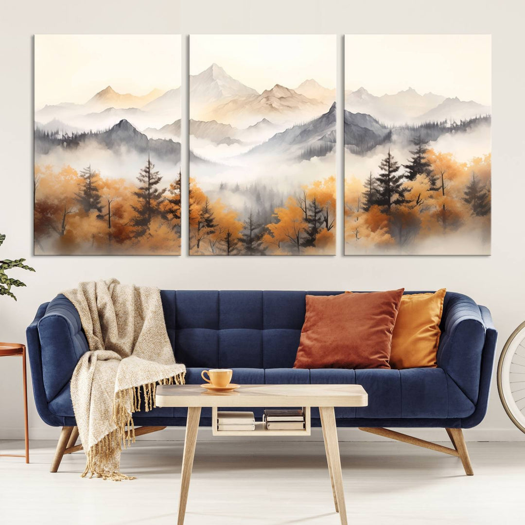 Art mural abstrait aquarelle montagnes et arbres automne