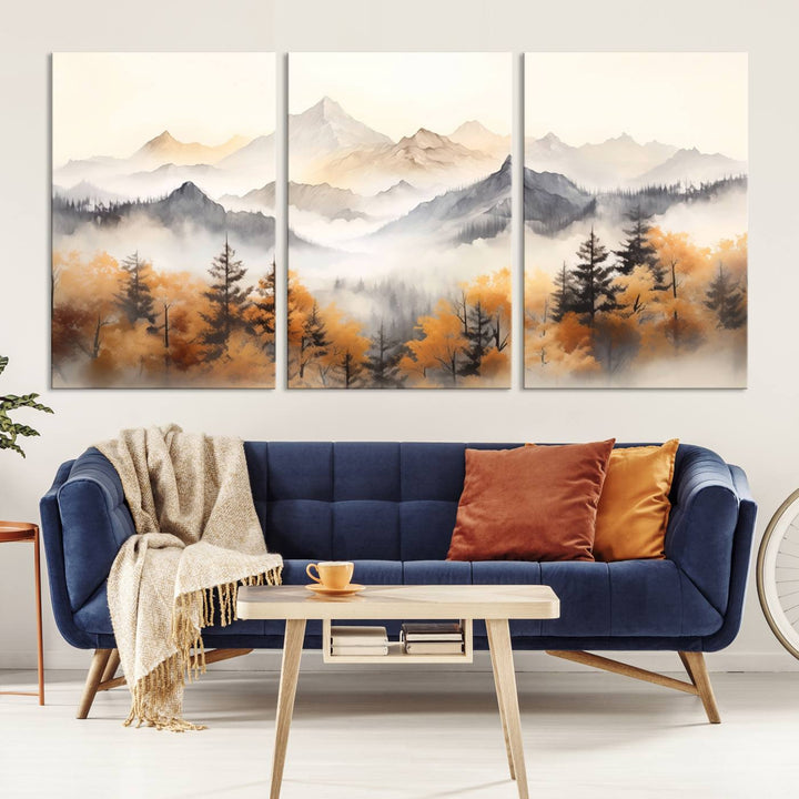 Impresión en lienzo de arte de pared minimalista de otoño de montañas y árboles de acuarela abstracta para decoración moderna del hogar, oficina, sala de estar y comedor