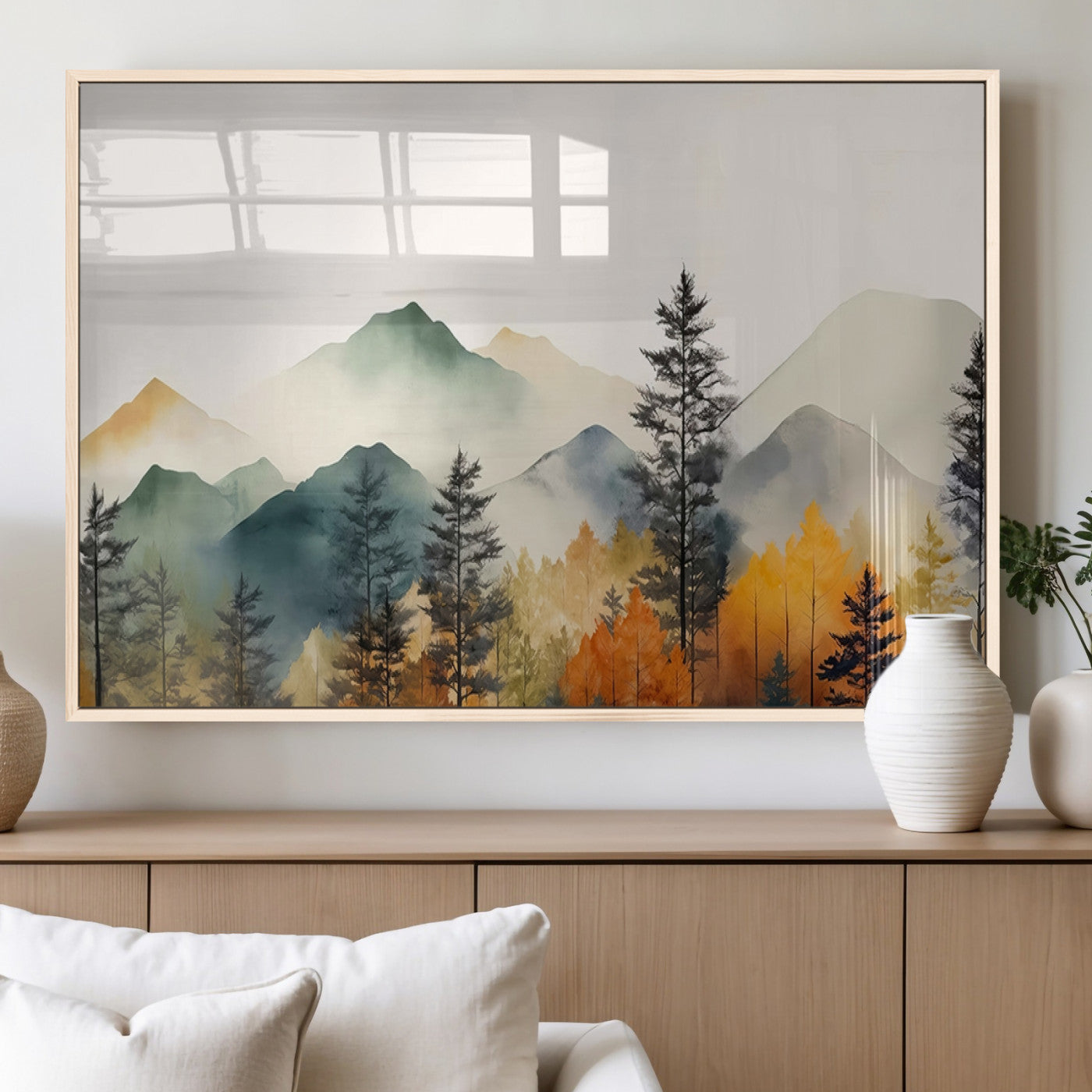 MGV-FP-36X24-3P - Abstract Watercolor Mountains and Trees Autumn Wall Art, Mountains and Trees Autumn Wall Art Canvas