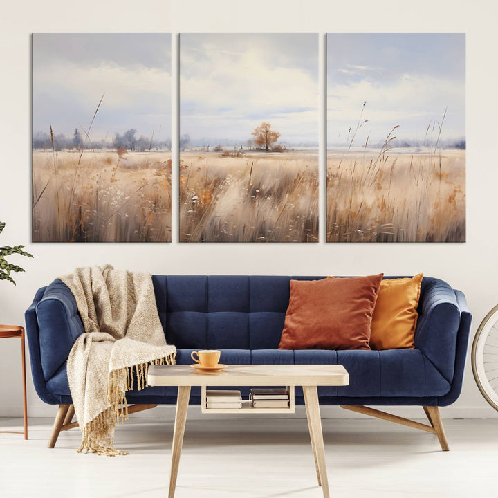 The modern living room features the Golden Fields Canvas Wall Art Print – Serene Landscape of Nature’s Tranquility in Minimalist for Farmhouse Decor, showcasing serene golden fields that enhance the calming ambiance.