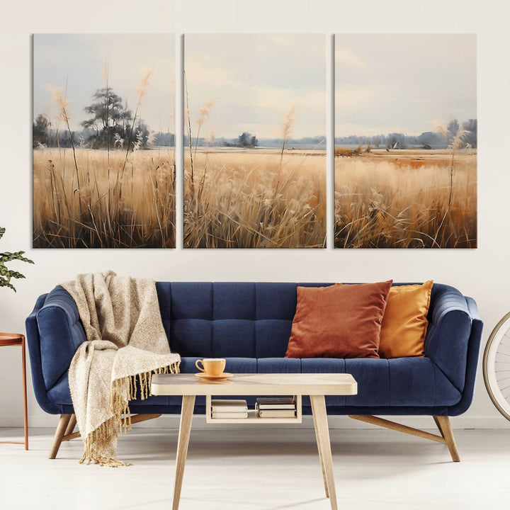 A Wildflower Field Landscape Oil Painting, showcasing a vintage art print of a serene field with tall grasses and distant trees, is beautifully presented on museum-quality canvases with gallery-wrapped edges.