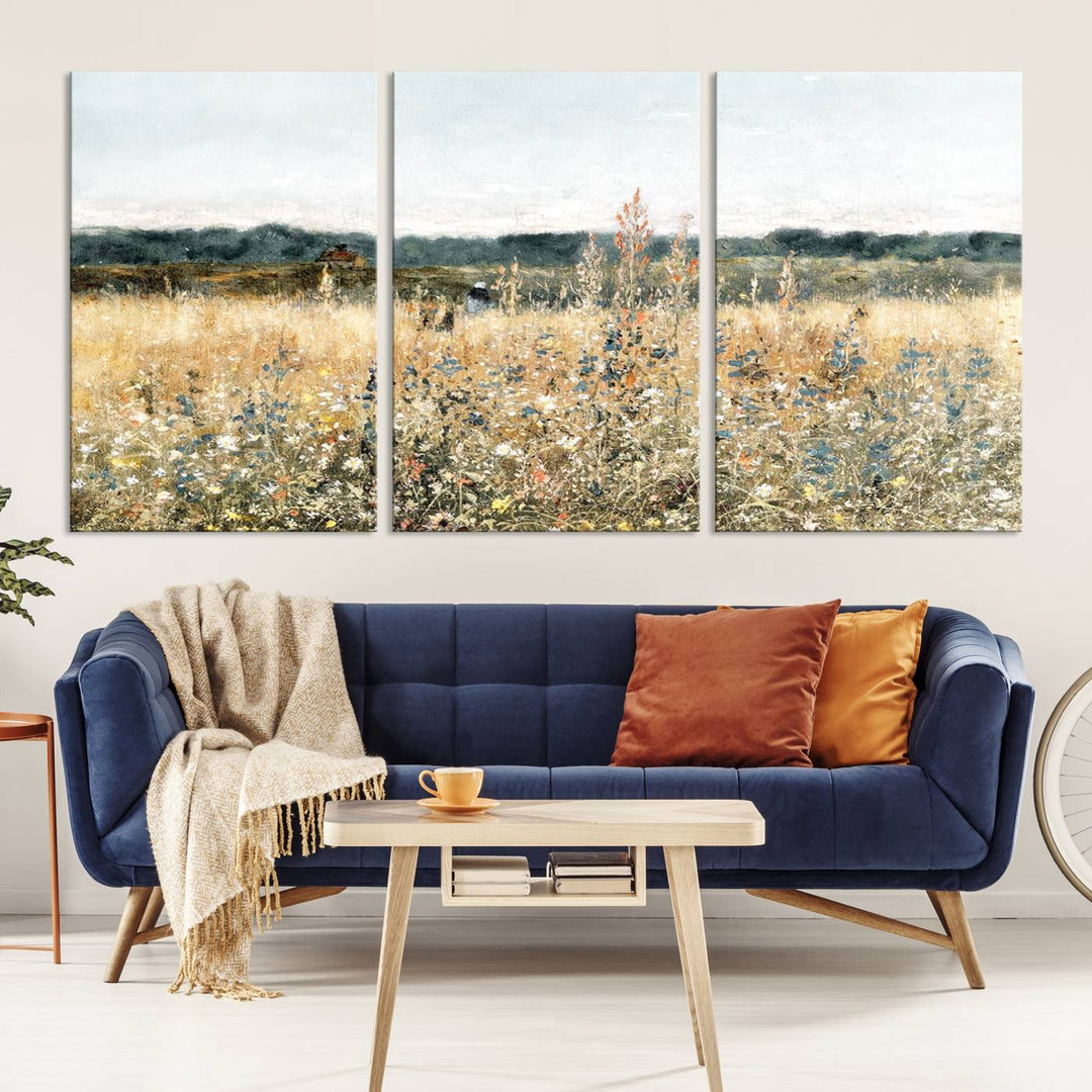 The "Wildflower Field Wall Art Canvas" brings rustic charm to the room with its nature-inspired landscape print, making it a perfect addition to the living room or office.