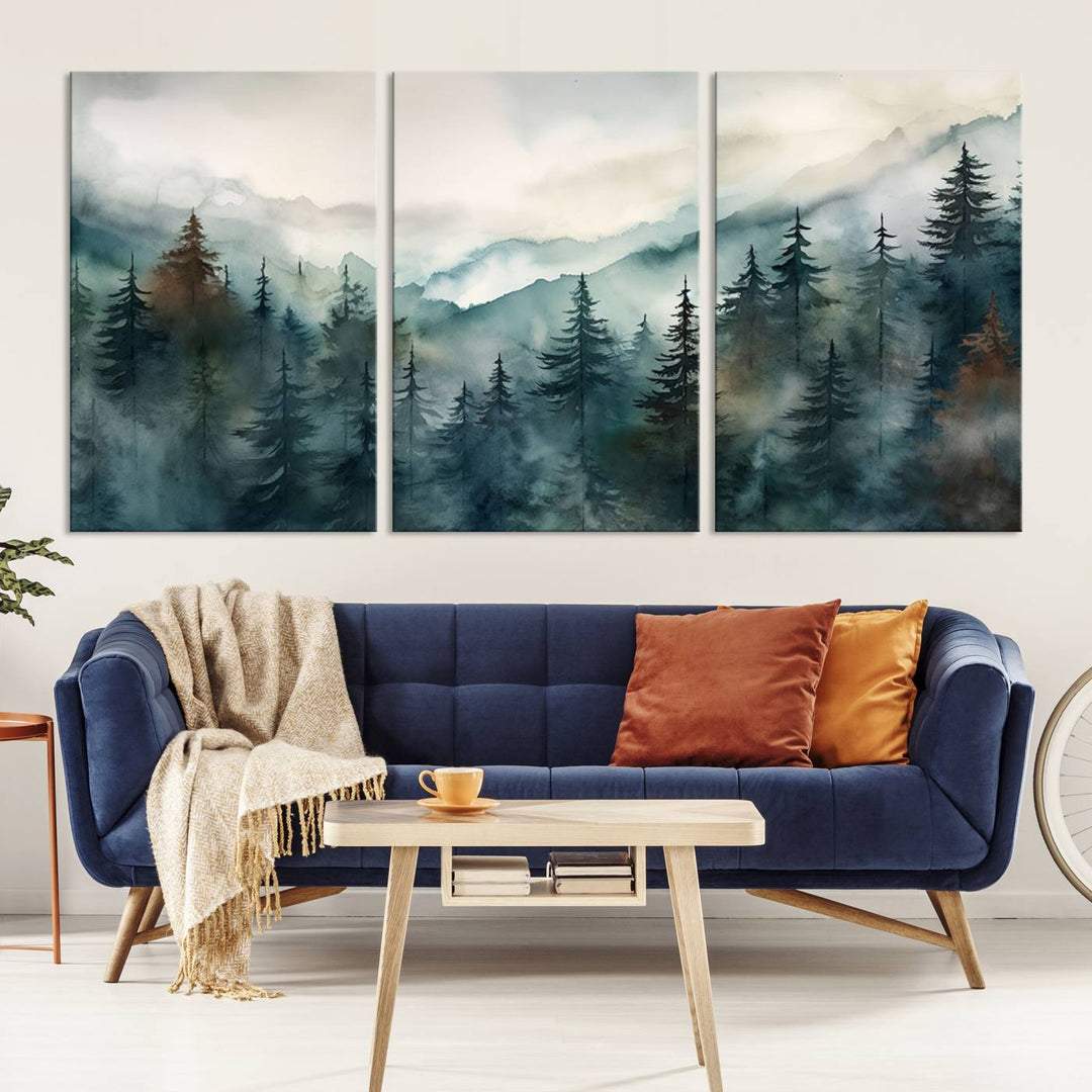 A set of Serenity Forest Wall Art Canvas prints, showcasing foggy mountain landscapes, is displayed in the living room.