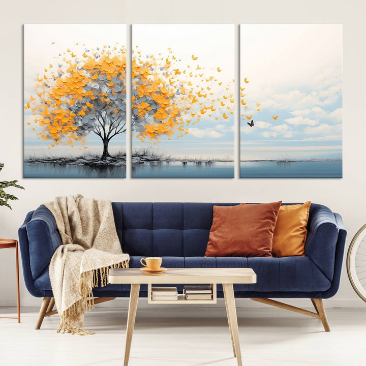 A Butterfly Tree Wall Art Canvas, featuring a modern tree adorned with yellow butterflies, decorates the wall.