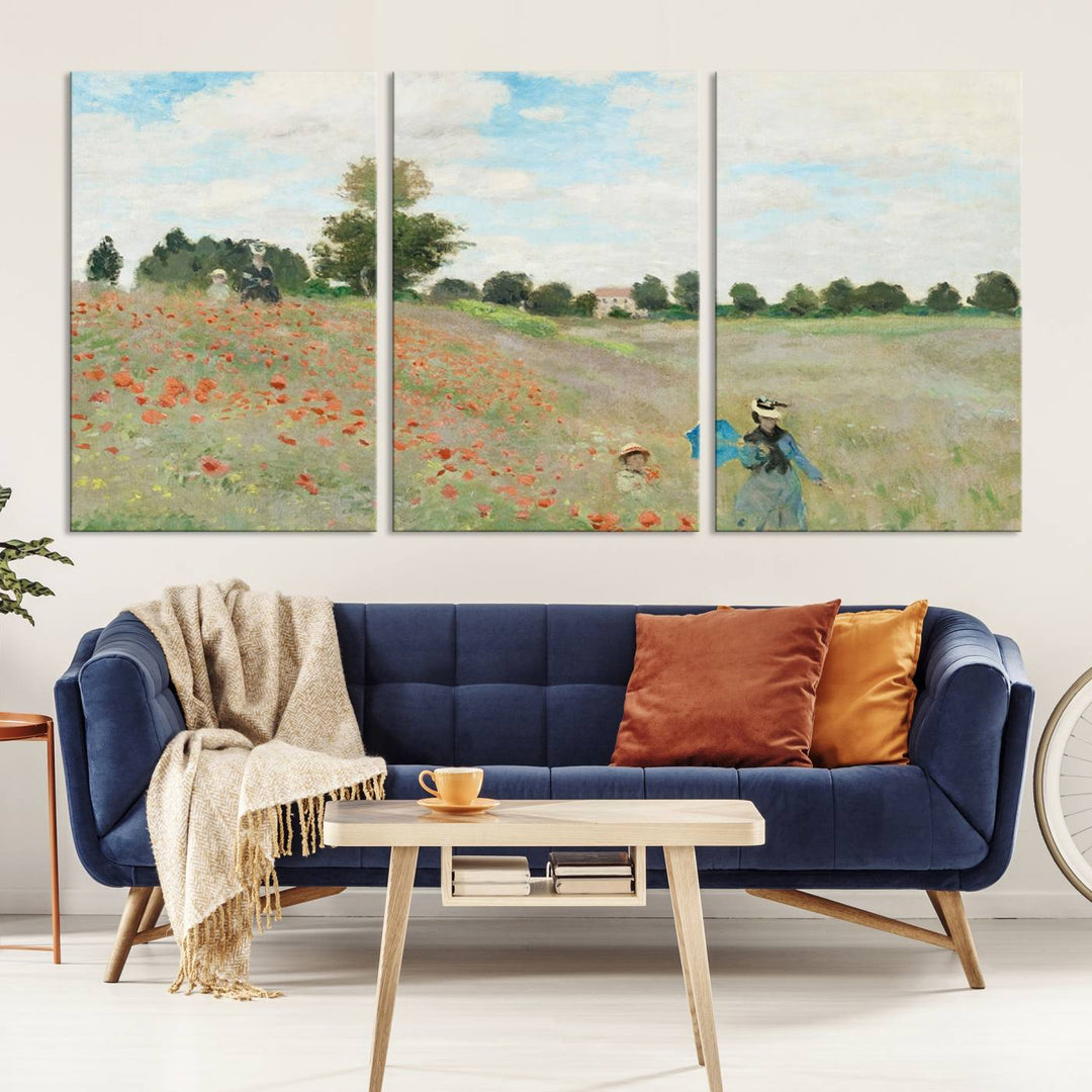 The Claude Monet The Poppy Field Canvas Print features a scene of a serene meadow with blooming flowers and a woman and child. It is printed on museum-quality canvas with UV-protective coating.