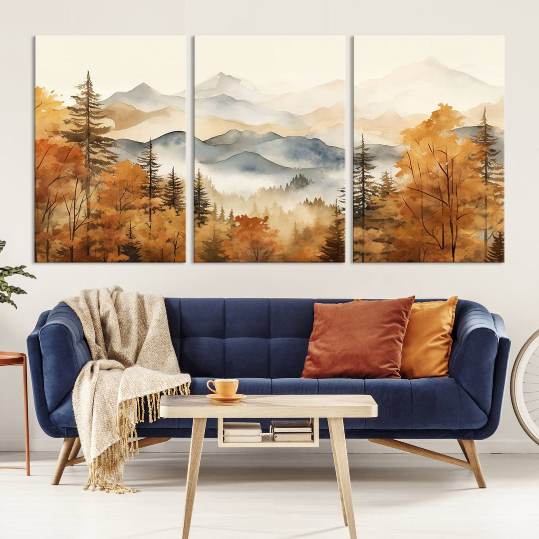 Abstract Mountain Mist Canvas Wall Art – Tranquil Autumn Forest and Misty Peaks - Ready to Hang