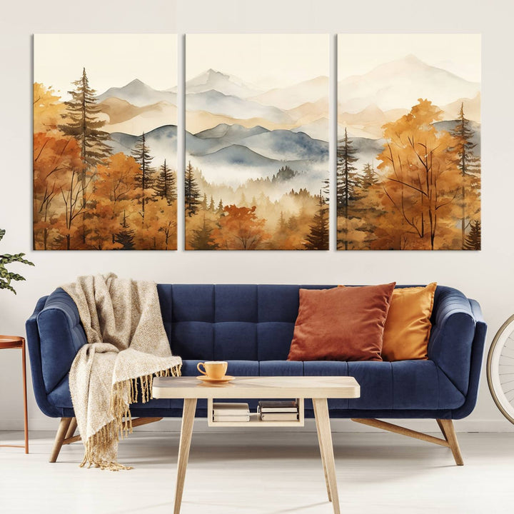 Abstract Mountain Mist Canvas Wall Art – Tranquil Autumn Forest and Misty Peaks - Ready to Hang