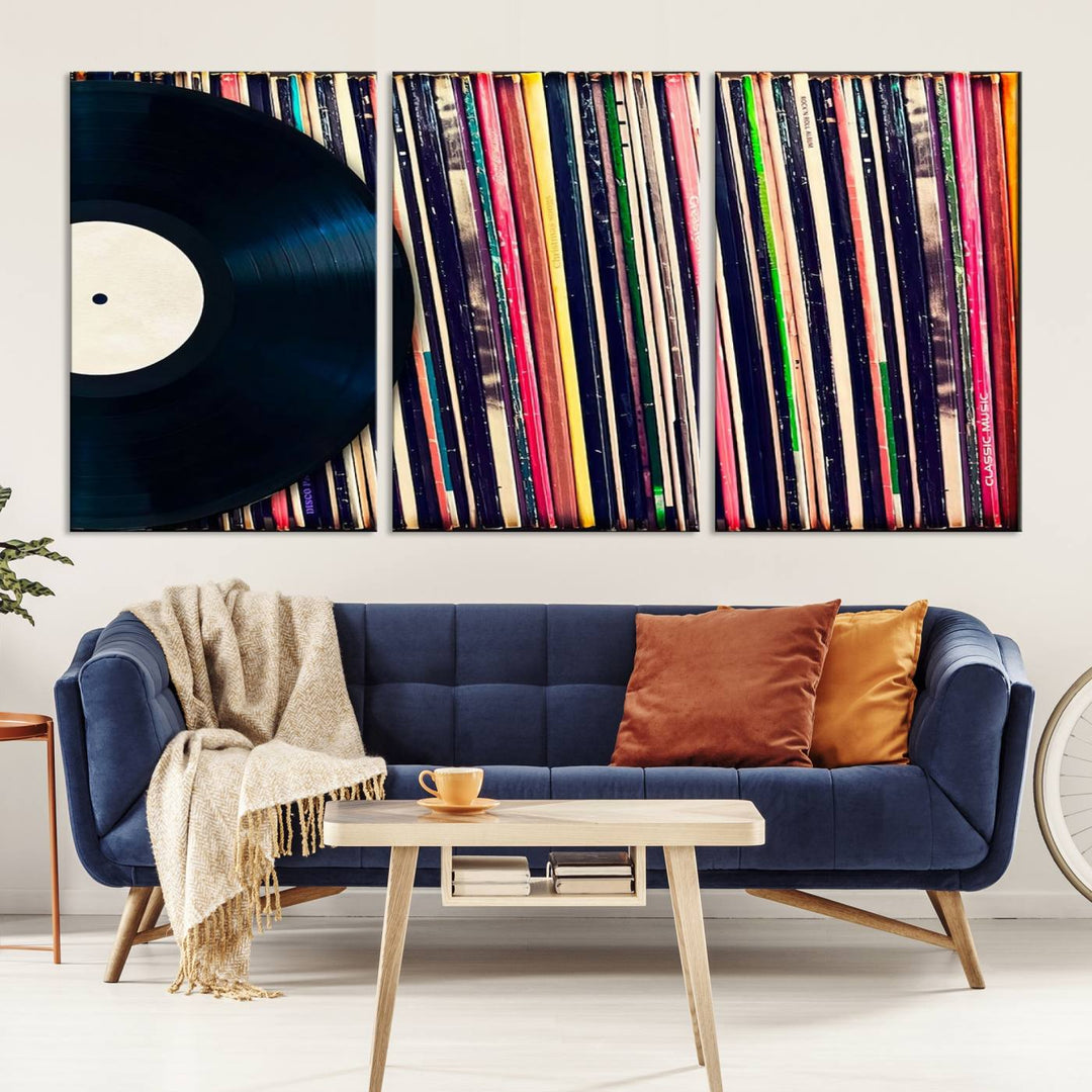 The room showcases the "Vinyl Record and Album Collection Canvas Wall Art," a perfect retro music decor piece for vintage vinyl lovers.