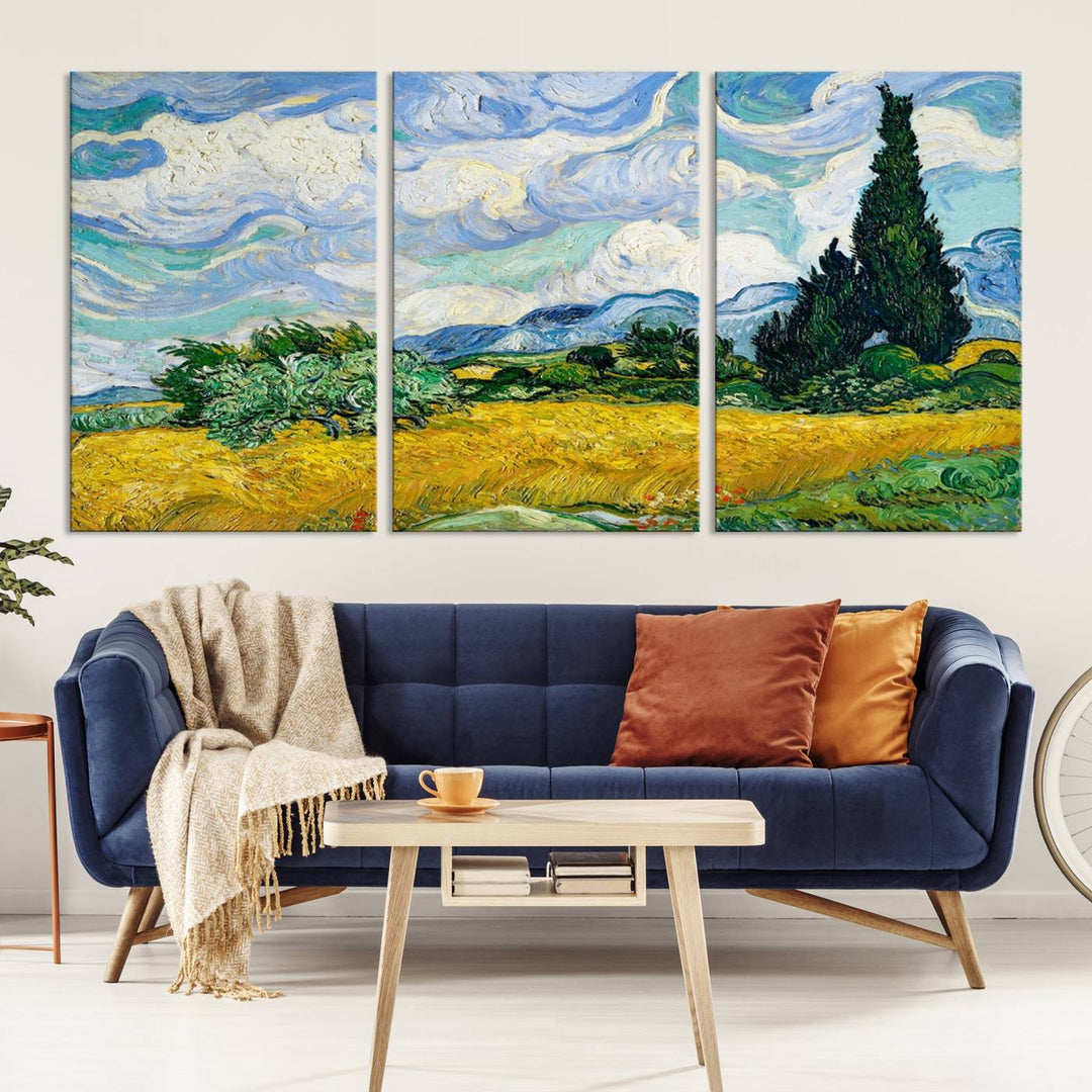 A contemporary living room features a large triptych of "Wheatfield With Cypresses By Van Gogh Painting Wall Art Canvas Print." Crafted on museum-quality canvas, this artwork brings a sense of elegance and craftsmanship reminiscent of professional artistry.