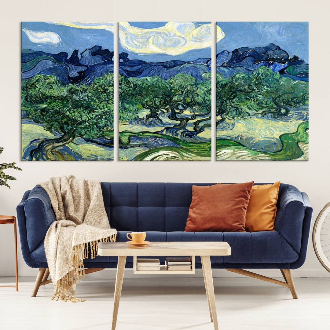 The Olive Trees Van Gogh Wall Art Canvas Print enhances the living room with its vivid landscape on museum-quality canvas, complete with a UV-protective coating.