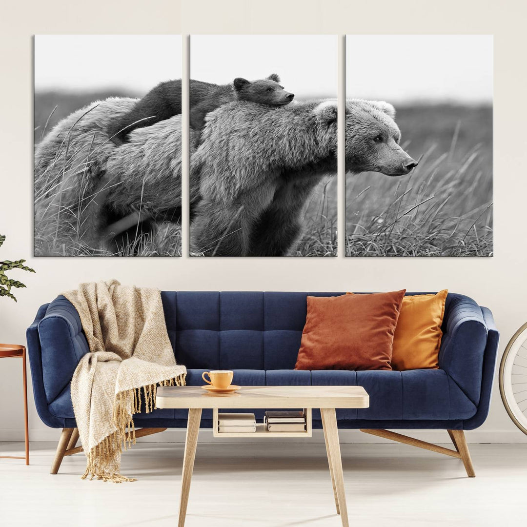 Baby Bear and Mom Bear Family Black & White Canvas Print Wall Art Canvas