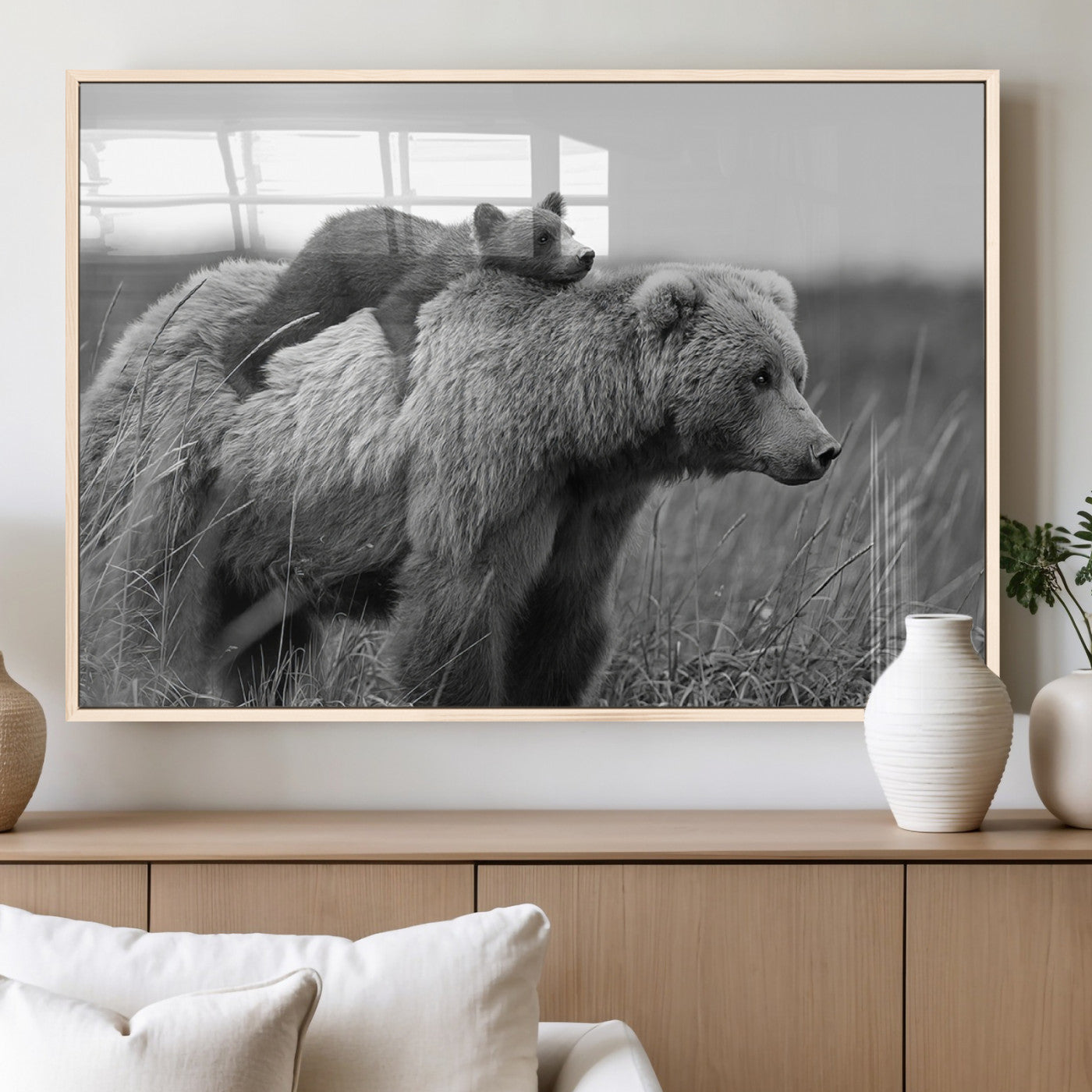 76338-MGV-FP-36X24-3P_Natural-Bear and Cub Wall Art Canvas | 399 Bear Cub Wildlife-Inspired Animal Art for Living Room or Office |