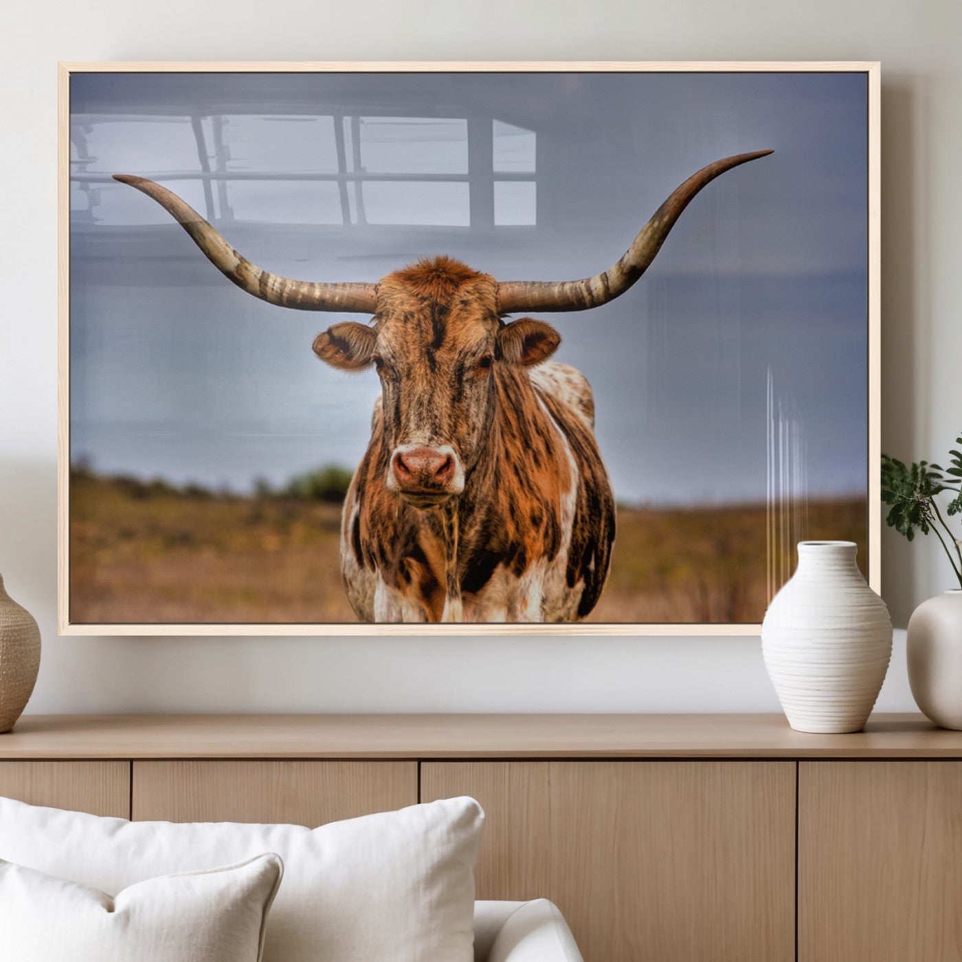 18594-MGV-FP-36X24-3P_Natural-Texas Longhorn Wall Art Print, Framed Longhorn Cow Wall Art