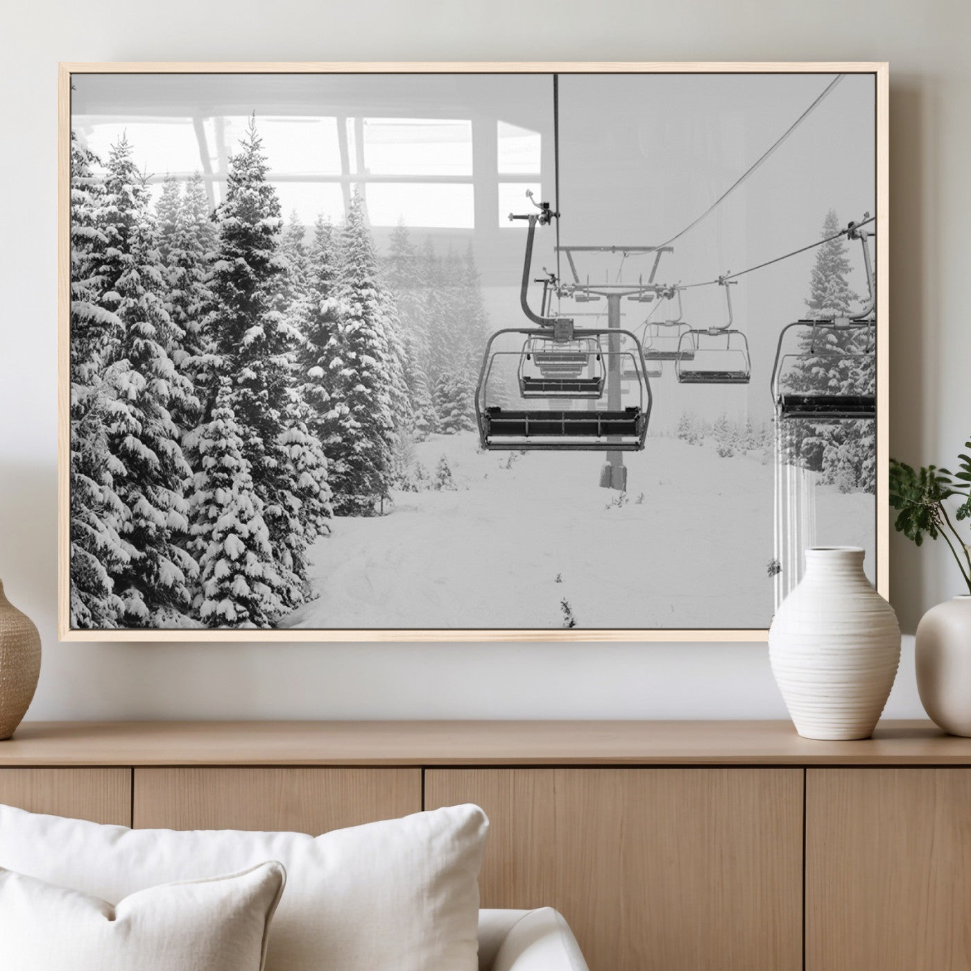 70609-MGV-CV-36X24 - Winter Forest Wall Art Canvas Print, Framed Snowy Forest Art Picture Print, Winter Ski Lift Perfect