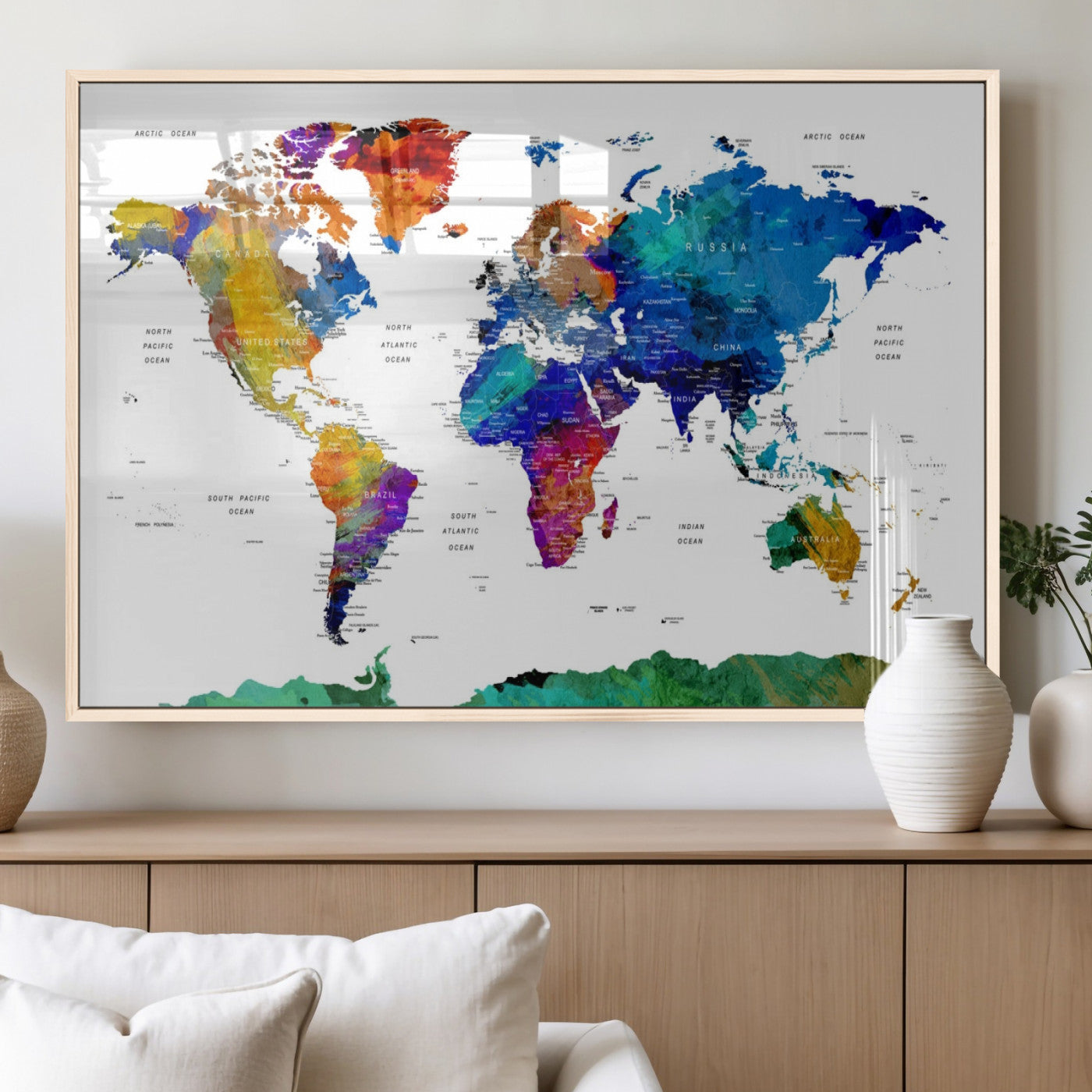 48979-MGV-FP-36X24-3P_Natural-Push Pin World Map Canvas Print – Framed Wall Art for Couples to Track Their Travels – Anniversary