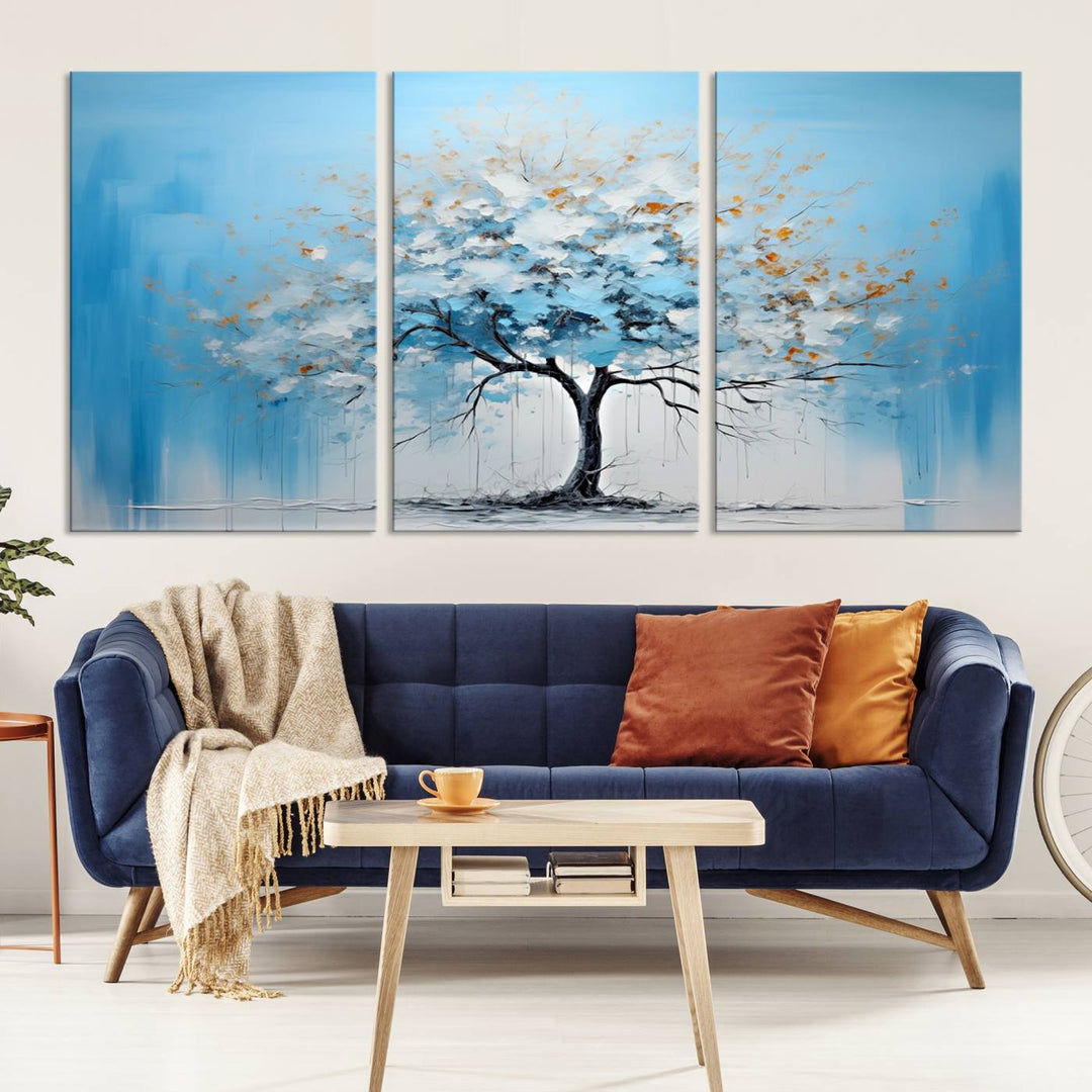 Modern living room featuring the Large Blue Abstract Tree Wall Art Canvas Printing. Enjoy the elegance with free shipping.