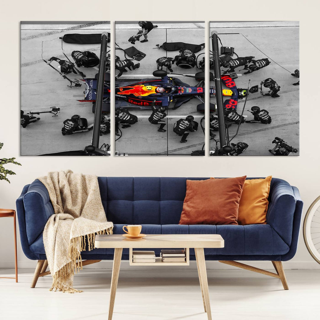 The RedBull Formula 1 Canvas Wall Art Print, a set of three gallery-quality pieces, elegantly adorns the wall.