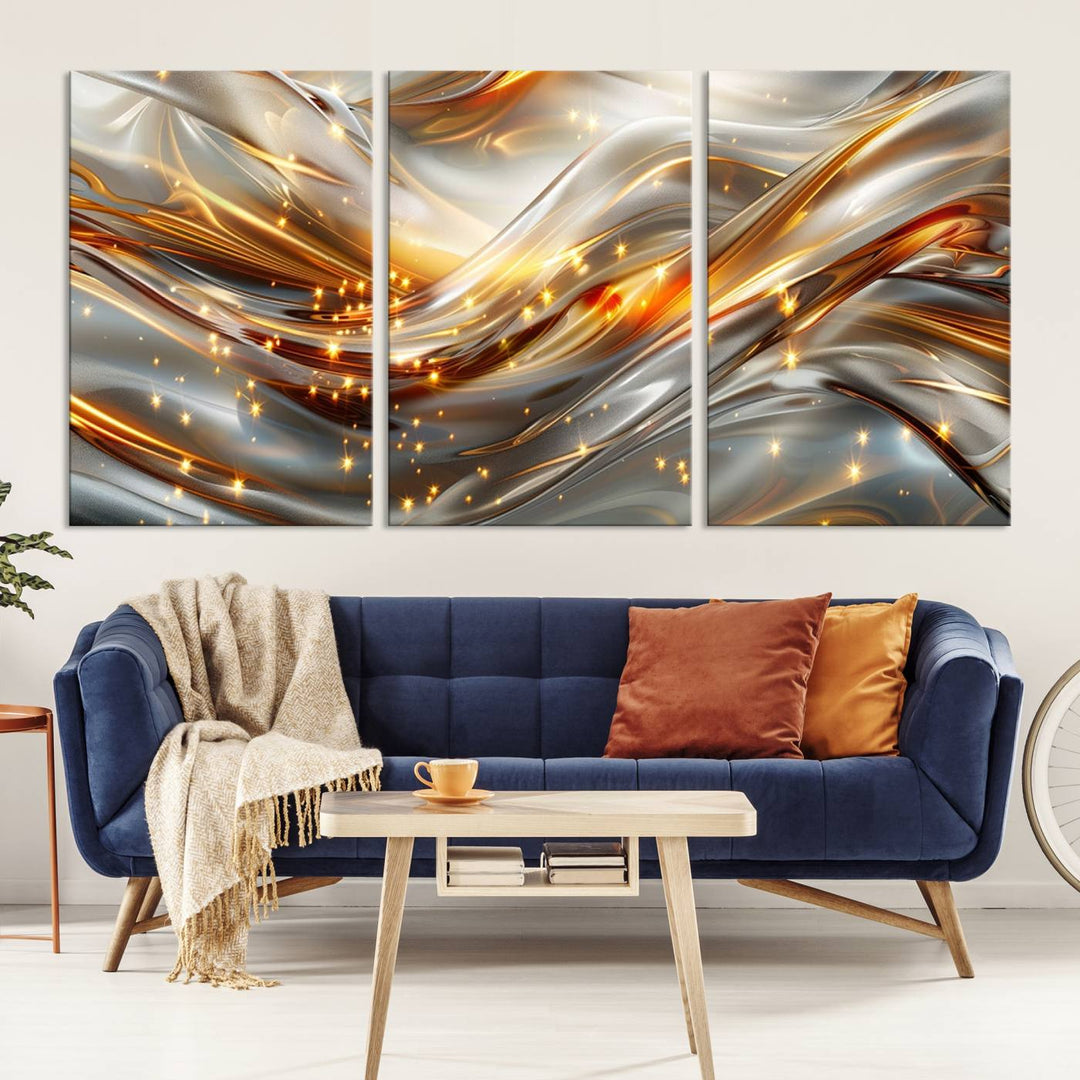 The Elegant Modern Gold Abstract Wall Art - Premium Framed Canvas Print for Home & Office Decor showcases a captivating triptych with swirling metallic designs and golden sparkles, perfectly enhancing contemporary interiors.