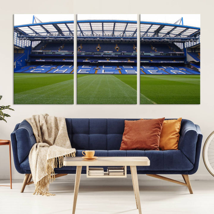 The Chelsea FC Soccer Team Print - Stamford Bridge Stadium Wall Art Canvas Print hangs elegantly, bringing the thrill of the game into your living room.