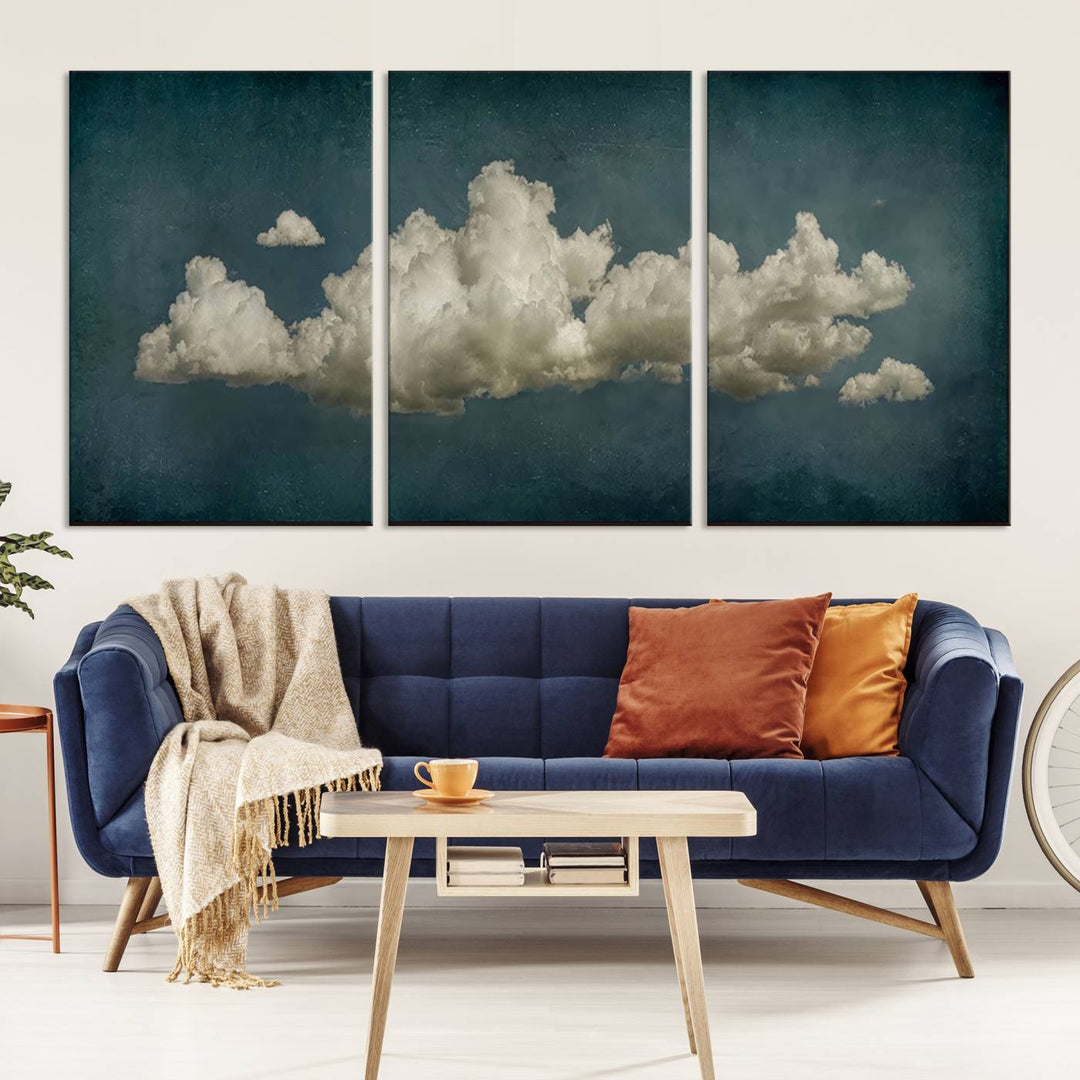 The Vintage Green Clouds Wall Art Canvas Print, set against a teal backdrop, showcases breathtaking canvas artwork with a gallery-quality finish.