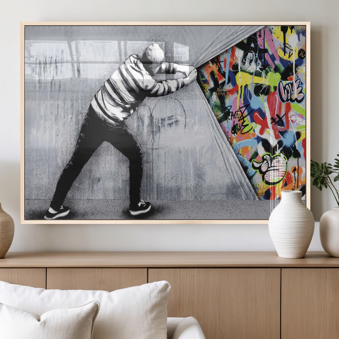 MGV-FP-36X24-3P - Banksy Art Behind the Curtain Street Wall Art Canvas Print | 3-Panel Urban Graffiti-Inspired Wall