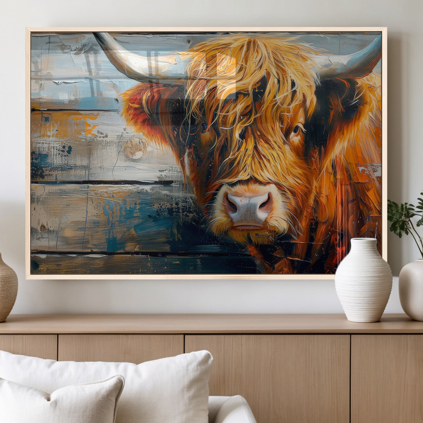 92312-MGV-FP-36X24-3P_Natural-Highland Cow Abstract Canvas Wall Art – Bold Farmhouse Rustic Decor – Ready to Hang