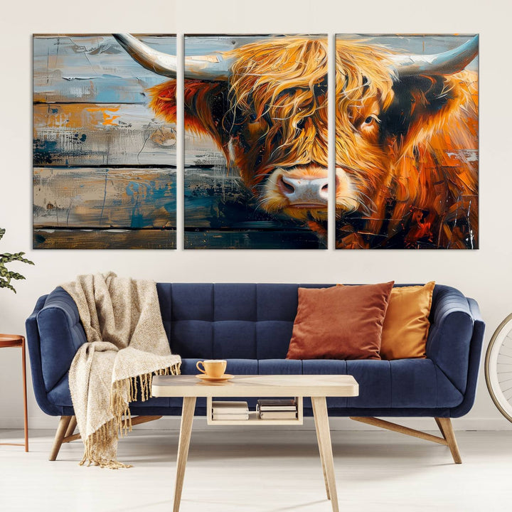 The Highland Cow Abstract Canvas Wall Art, a bold piece of farmhouse rustic decor, adds charm to the modern living room.