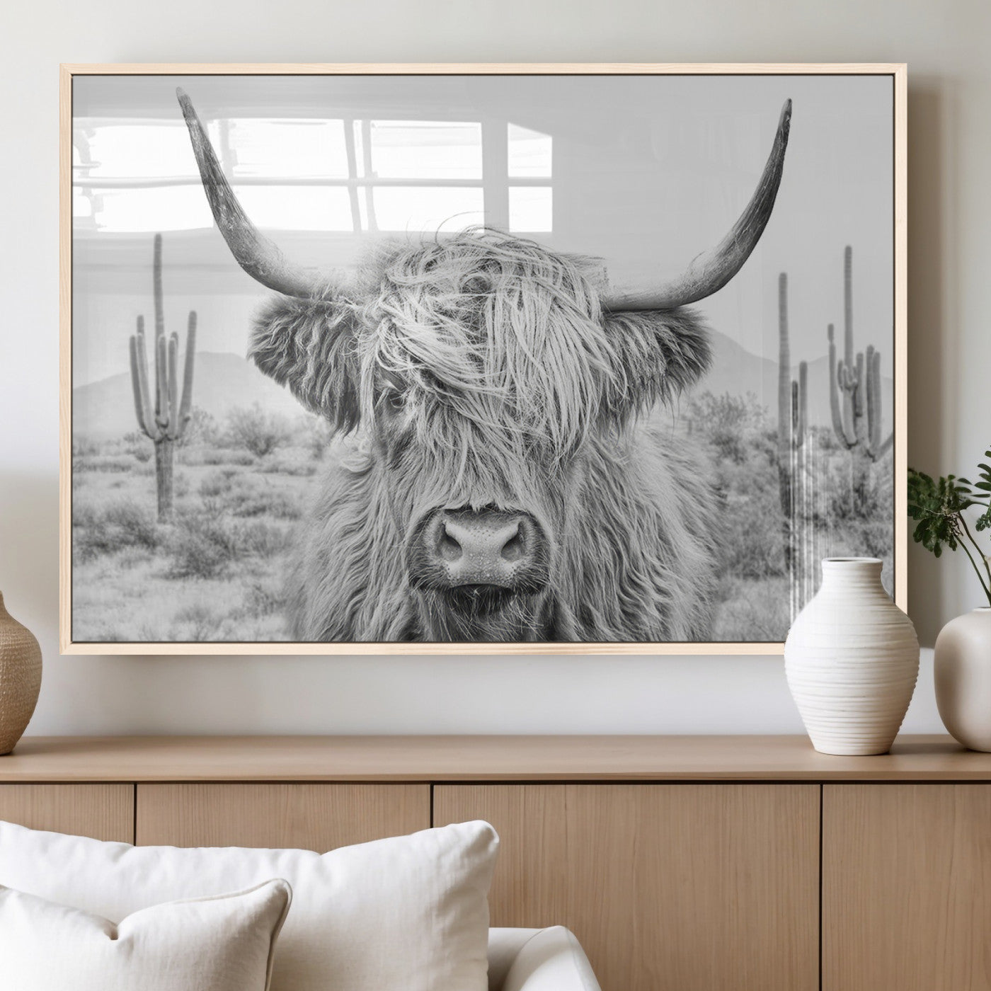 94579-MGV-FP-36X24-3P_Natural-Rustic Charm | Cow Longhorn Black White Bighorn Wall Art Canvas Print | Farmhouse Wall Art