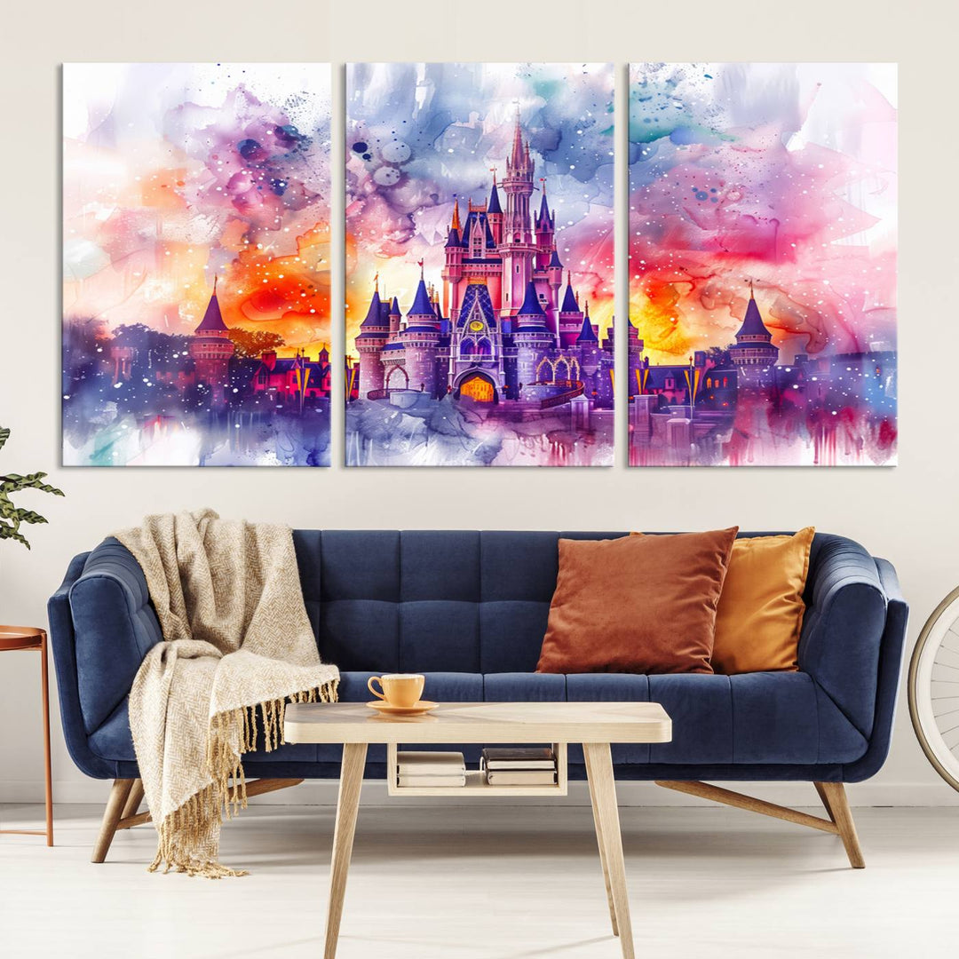 A vibrant piece of wall art depicting the Cinderella Castle from Disneyland, presented as a watercolor painting on premium canvas, is displayed.