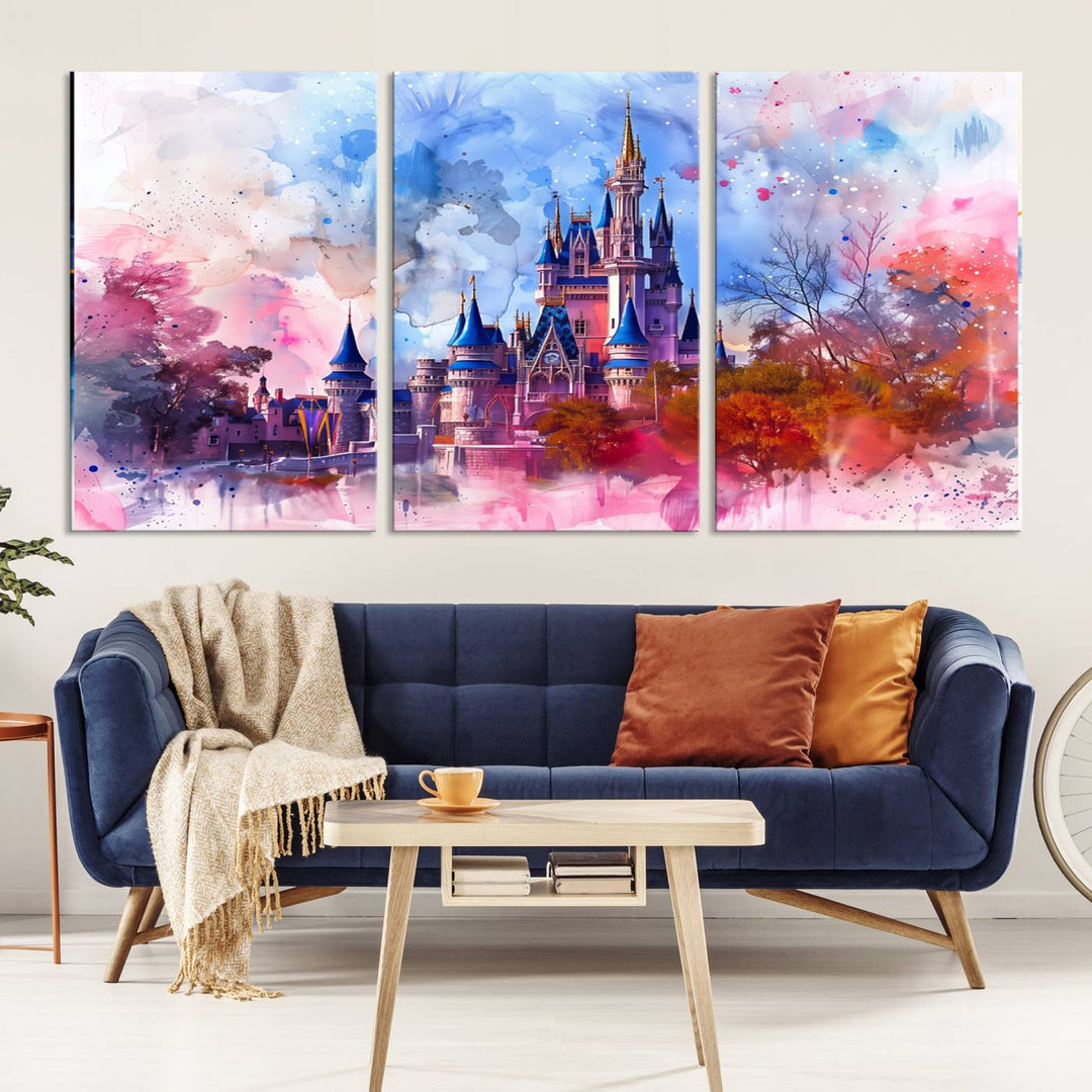 The Disney Wall Art: Dreamy Watercolor Cinderella Castle Canvas Print features a fairy-tale castle with vibrant pink, blue, and purple hues. Expertly handmade in the USA, this premium canvas wall art adds a touch of enchantment to any room.