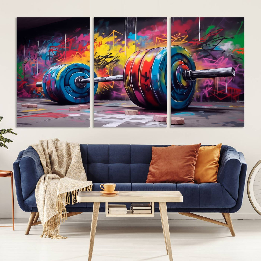 Colorful Graffiti Barbell Canvas Wall Art – Urban Fitness Meets Bold Street Art – Ready to Hang