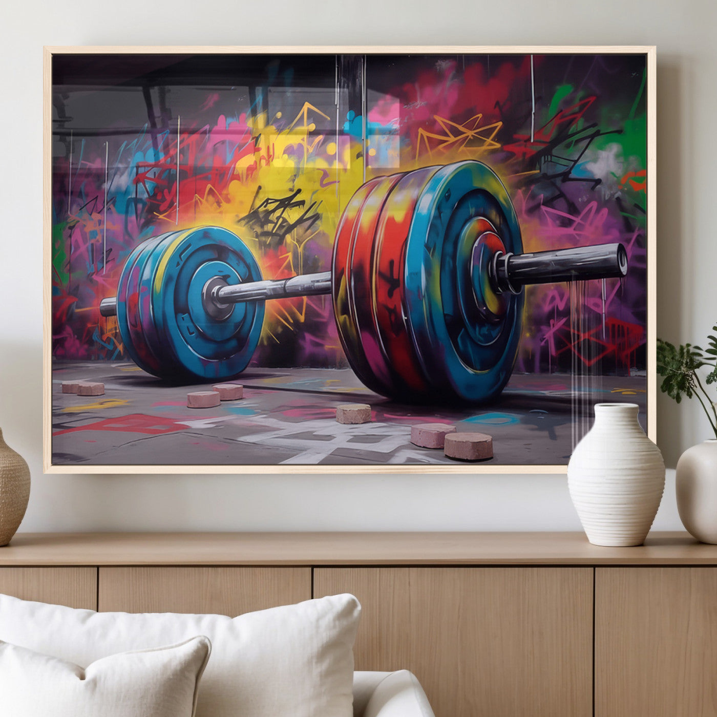 MGV-FP-36X24-3P - Abstract Graffiti Barbell Canvas Wall Art – Urban Fitness Meets Bold Street Art Print - Gym Wall Art Print