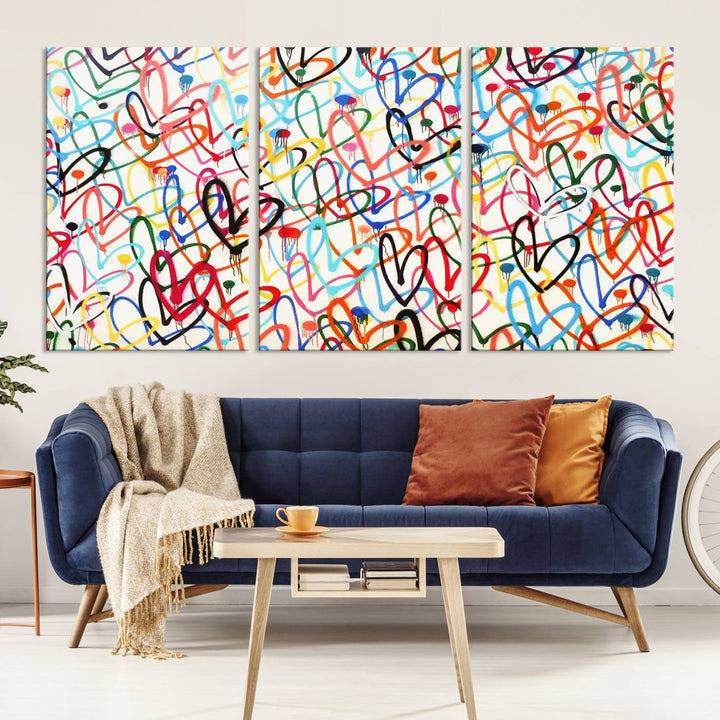 The "Colorful Love Canvas print," featuring vibrant abstract street art with overlapping loops, is handmade in the USA.