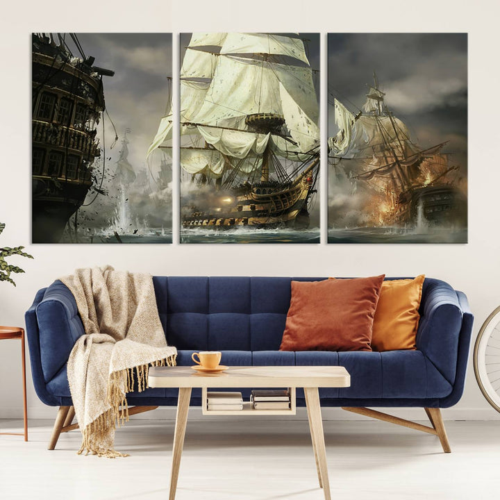 The Pirate Ship War Wall Art Canvas Print, featuring a stunning three-panel depiction of an intense sea battle with tall ships, boasts a gallery-quality finish that adds an elegant touch to its display.