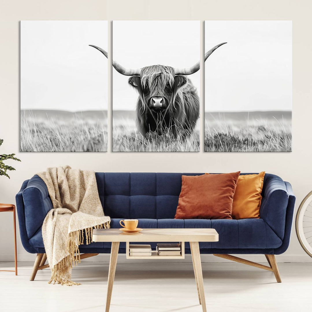 The living room is enhanced by a stunning three-panel Longhorn Wall Art Canvas Print. This museum-quality piece of Texas Longhorn Art comes on a gallery-wrapped canvas with a UV-protective coating to keep it vibrant under everyday light exposure.