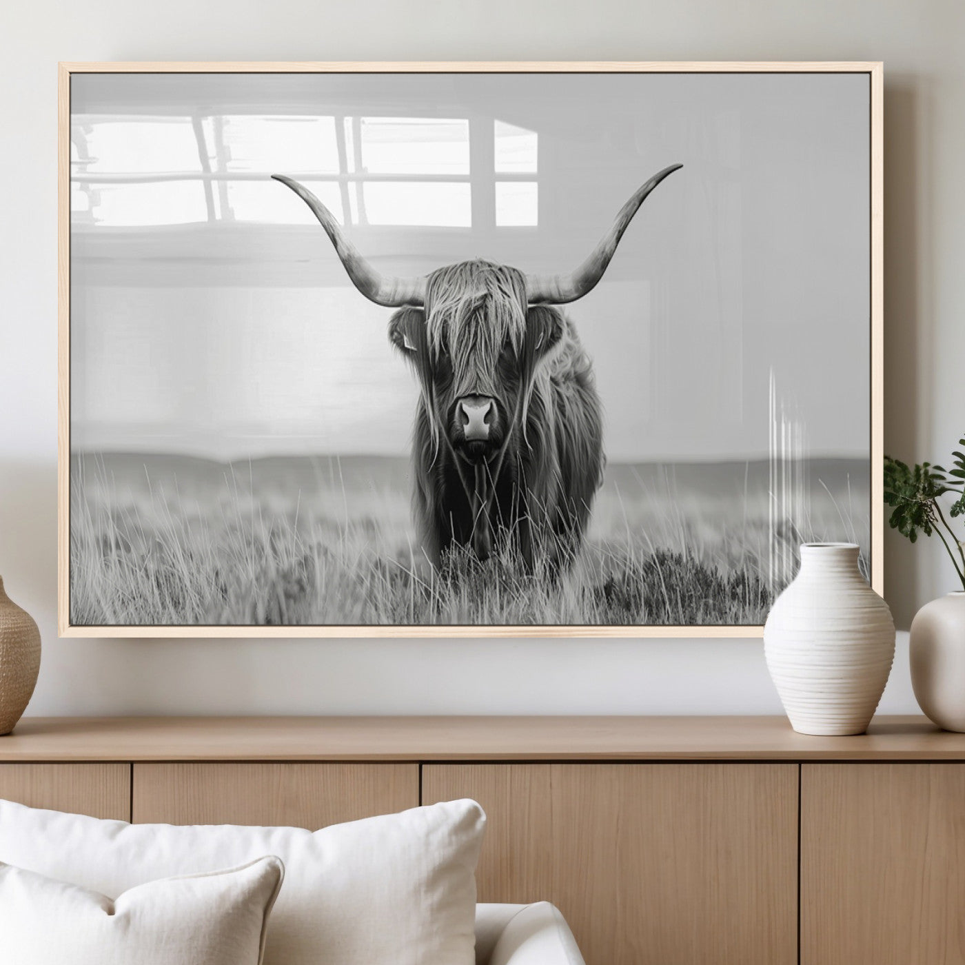 MGV-FP-36X24-3P - Highland Cow Canvas Wall Art – Majestic Beauty in Black and White