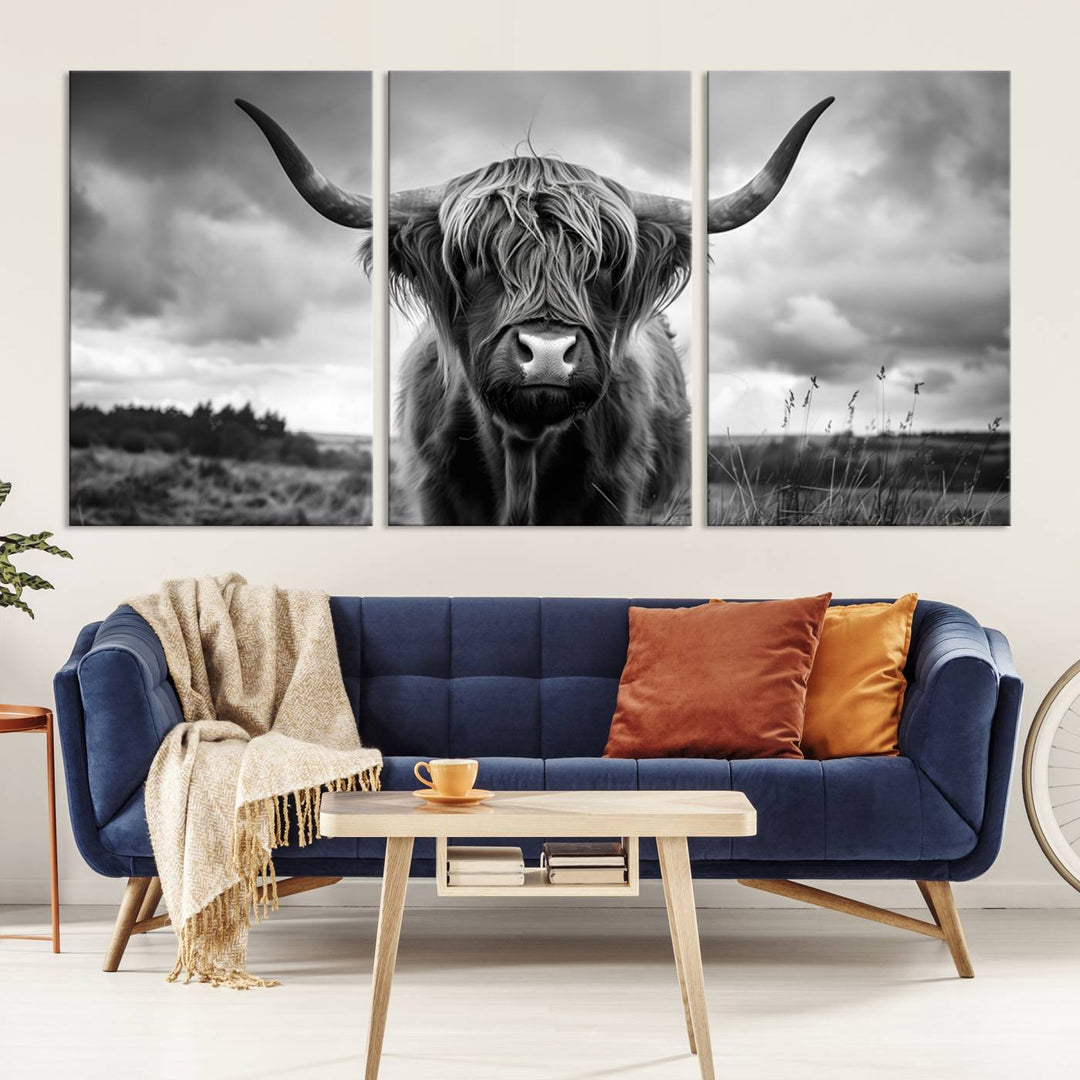 A stunning gallery-quality piece, the "Scottish Cow Wall Art Canvas Print | Longhorn Wall Art | Bighorn Animal Wall Art," depicts a Highland cow with long horns and shaggy fur. This captivating wall art elegantly enhances the space.