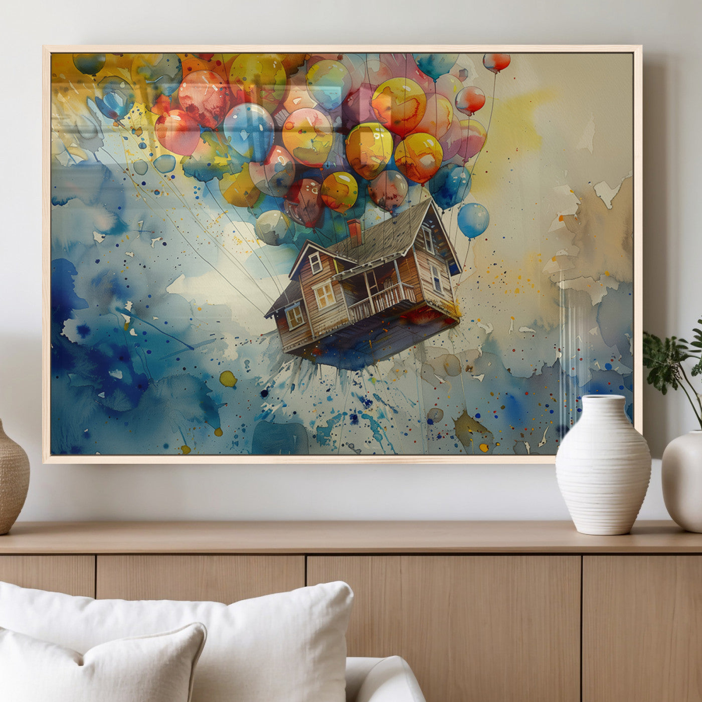 MGV-FP-36X24-3P - UP-Inspired Floating House with Balloons Canvas Art – Colorful 3-Panel Wall Decor for Living Room,