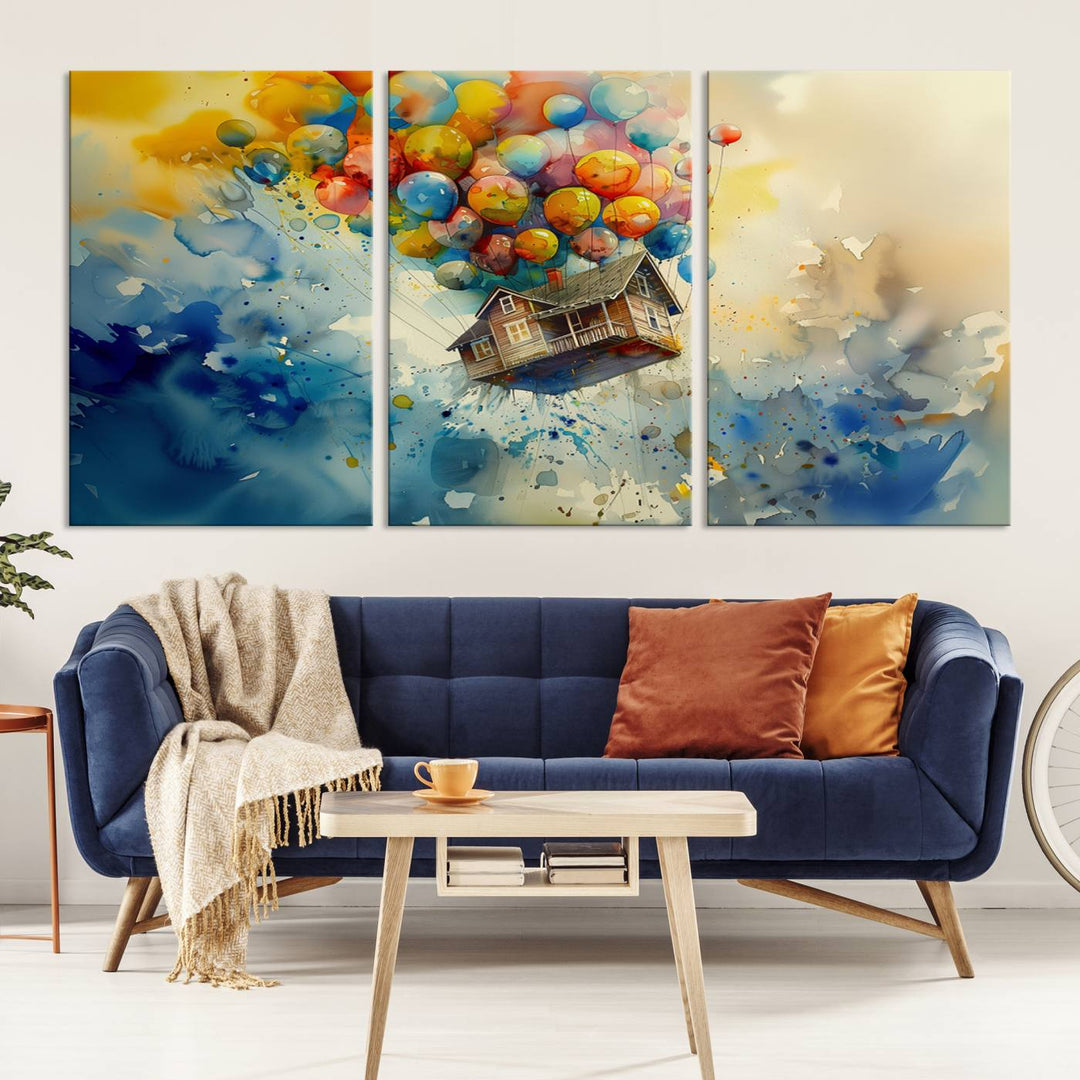 The Cartoon Movie Wall Art Canvas Print, featuring a vibrant house lifted by balloons and split across three panels, serves as captivating wall art. Handmade in the USA, it adds charm and whimsy to any space.