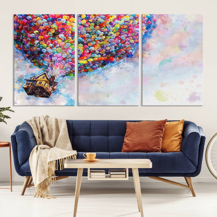 The "Watercolor Cartoon Movie Balloons Canvas Print" is showcased, depicting a whimsical house being lifted by colorful balloons. This triptych wall art is crafted on museum-quality canvases with a UV-protective coating to maintain its vibrant colors, making it ready to hang in any room.