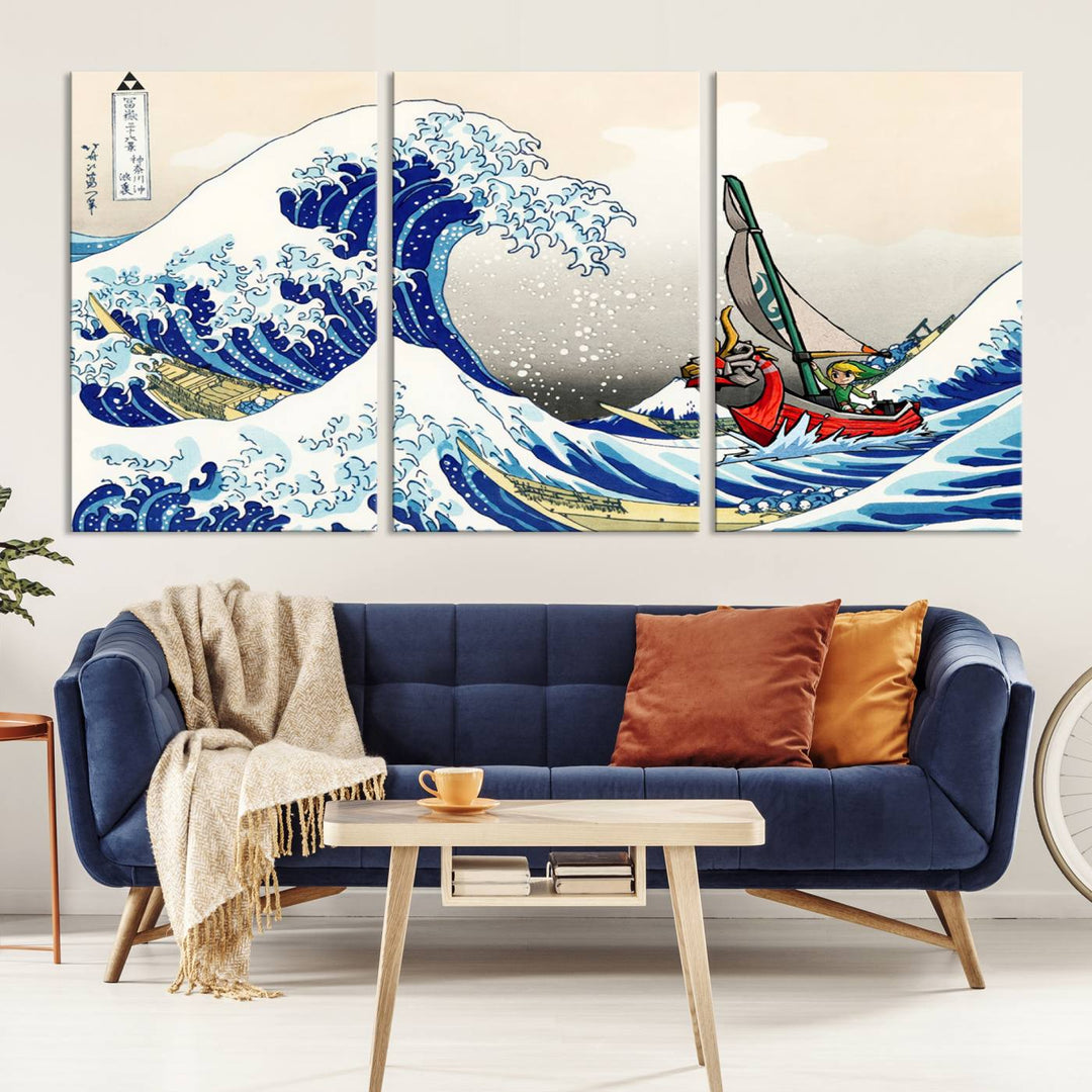 The Katsushika Hokusai Kanagawa Giant Wave Wall Art Canvas Print, featuring iconic Japanese art, brings a touch of modern artistry to the living room.